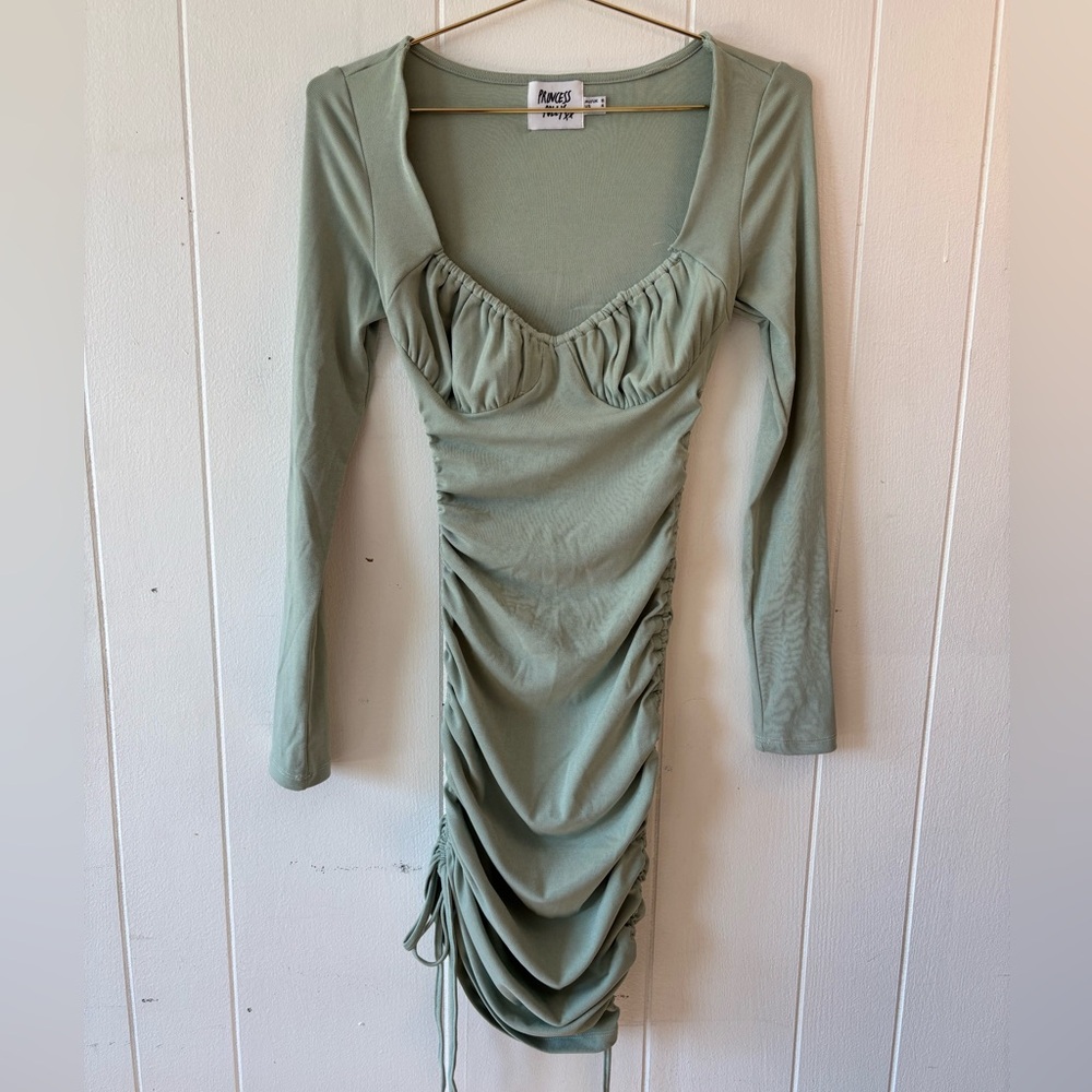 Princess Polly Sage Long Sleeve Ruched Side Mini Dress Size 4 US